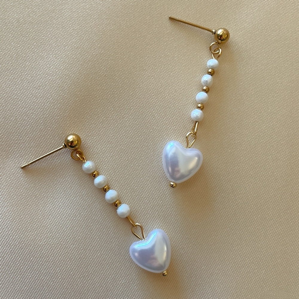 Gold-tone Pearl Heart Drop Stud Earrings